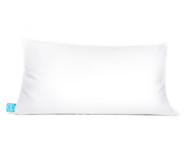 Single white pillow, king size, with blue One Fresh Pillow tag