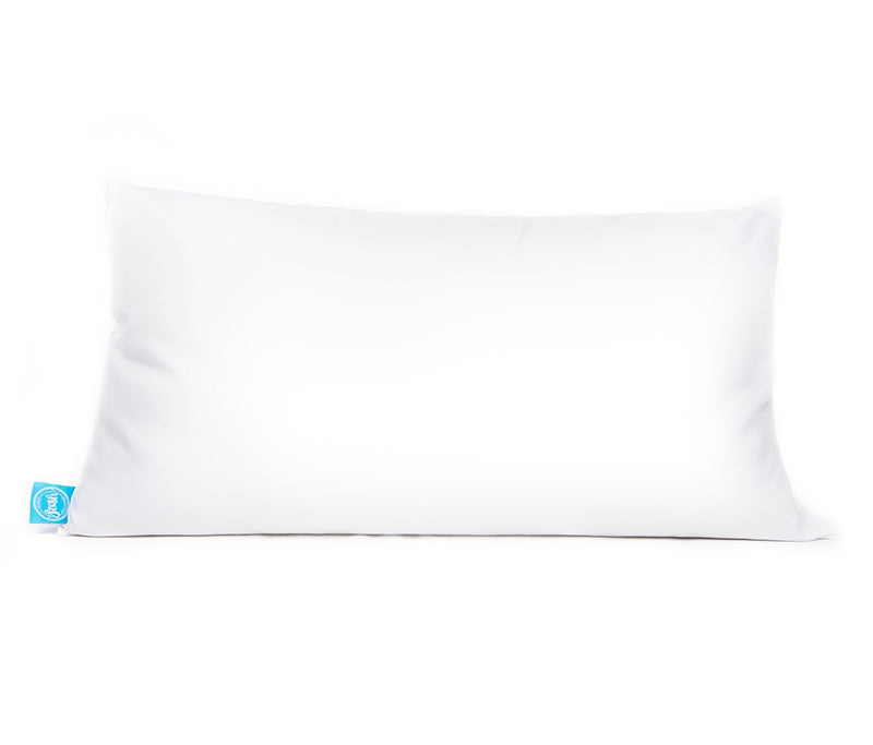 Single white pillow, king size, with blue One Fresh Pillow tag